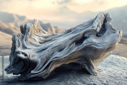 Weathered driftwood sculpted by time and tides, rests on a cracked earth, evoking a sense of ancient resilience. photo