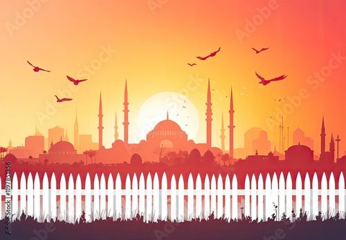 I can't believe how beautiful it is, the silhouette of an ancient mosque and white fence in Istanbul with birds flying against the sunset sky background.  photo