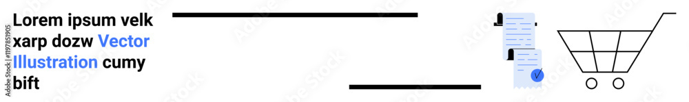 Shopping cart, barcode, and text document in vector format. Ideal for e-commerce, online retail, digital marketing, shopping apps, product listings, order processing, and inventory management Shopping cart, barcode, and text document in vector format. Ideal for e-commerce, online retail, digital marketing, shopping apps, product listings, order processing, and inventory management