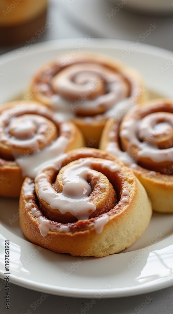 Four cinnamon rolls on a plate with icing on them Four cinnamon rolls on a plate with icing on them