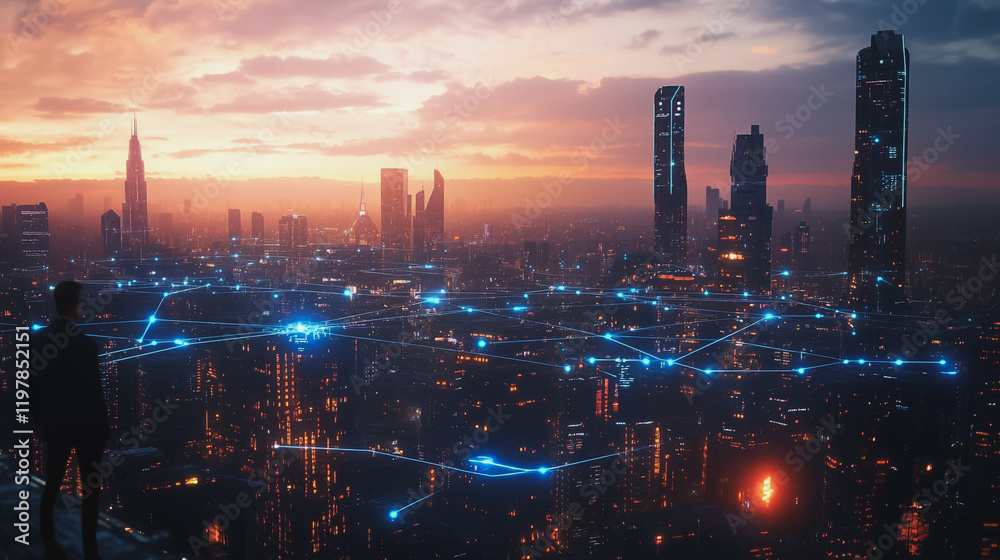 Fototapeta premium Abstract business man stands on the peak of success amid tall, innovative Smart city and graphs with statistics to analyze business potential and predict future developments in company growth.