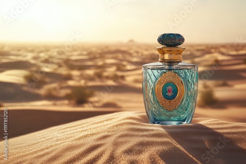 Ornate perfume bottle rests on desert sand dunes at sunset, luxury fragrance in exotic landscape.
