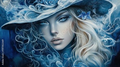 Woman with blue hat poses, artistic background. Possible use fantasy art photo