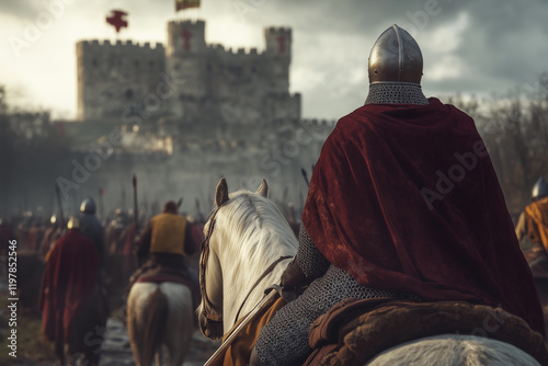 Historical reenactment event showcasing medieval knights and soldiers in front of a fortress in Poland photo