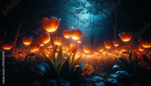 magical fantasy garden with tulips that glow at night photo