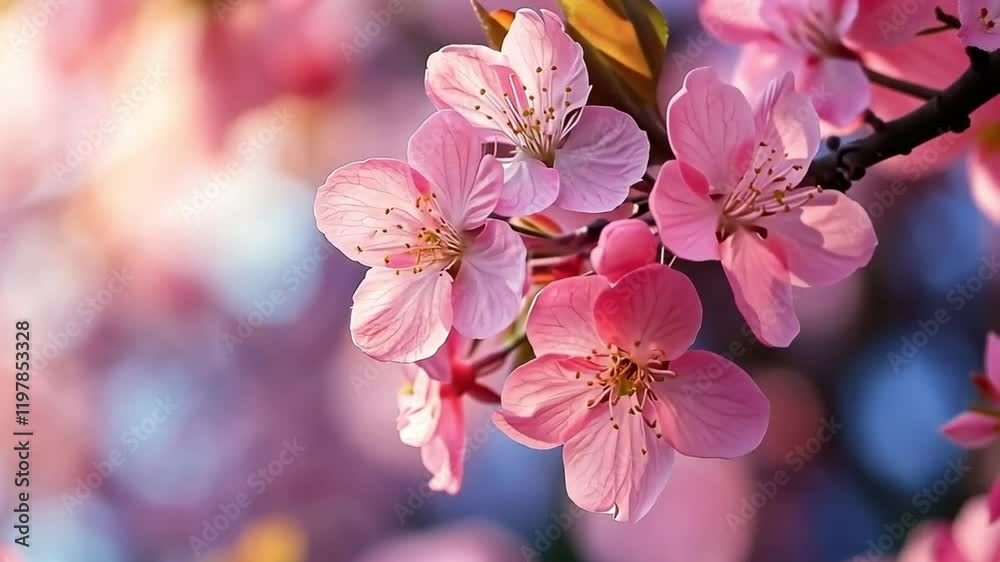Close up on a pink cherry blossom tree flowers waving on a spring wind on a bokeh background 