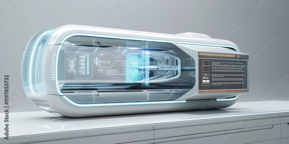 A futuristic medical pod featuring advanced technology for patient care and monitoring. A futuristic medical pod featuring advanced technology for patient care and monitoring.