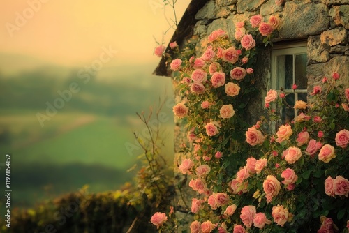 Fototapeta Naklejka Na Ścianę i Meble -  Pink roses blooming abundantly on a rustic stone cottage wall, overlooking a serene countryside landscape.