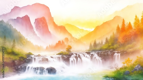 Mountain river with small waterfalls against the backdrop of mountains in bright sunny weather