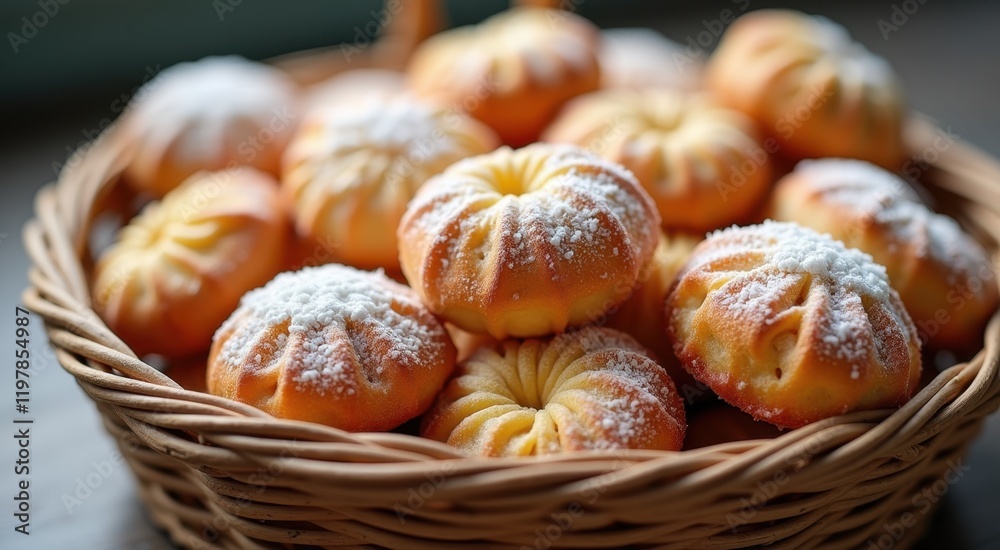 Arafed basket of pastries with powdered sugar on top Arafed basket of pastries with powdered sugar on top