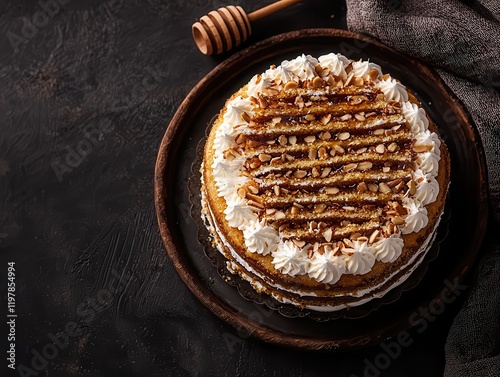 Delicious overhead view of a layered bee sting cake topped with cream and nuts culinary delight kitchen aerial perspective food photography sweet indulgence photo