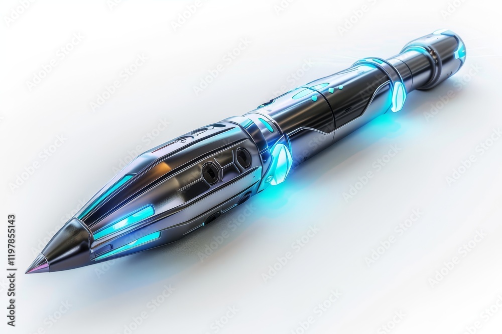 A futuristic, sleek pen-like device with glowing blue accents, suggesting advanced technology or sci-fi elements. A futuristic, sleek pen-like device with glowing blue accents, suggesting advanced technology or sci-fi elements.