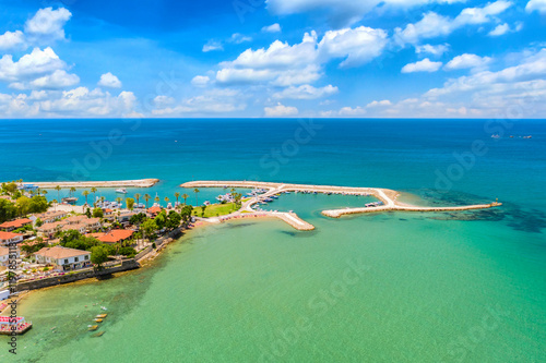 Fototapeta Naklejka Na Ścianę i Meble -  Aerial top drone view of ancient Side town embankment, Antalya Province in Turkey
