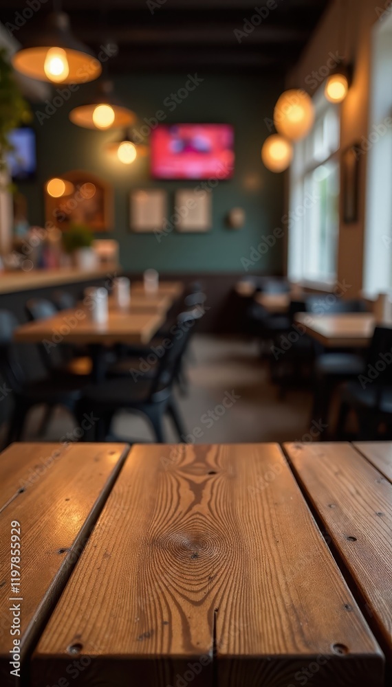 Empty rustic wood table, blurred restaurant bokeh background, isolated, copy space Empty rustic wood table, blurred restaurant bokeh background, isolated, copy space
