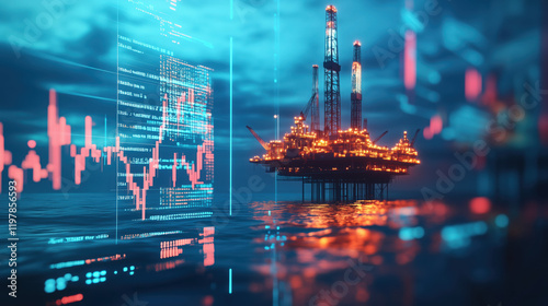 Massive Offshore Oil Platform Towering Above the Ocean with Blurred Background of Digital Graphs Displaying Fluctuating Global Oil Prices and Market Trends