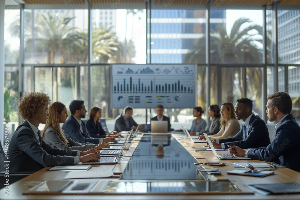 Obraz premium A group of people are sitting at a long table in a conference room