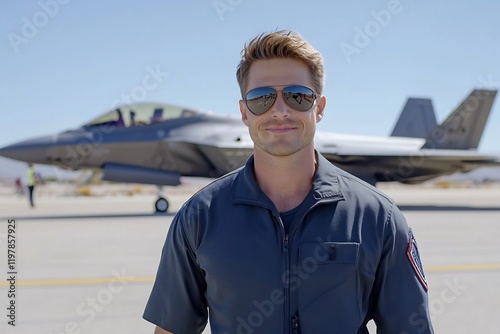 Pilot smiles near fighter jet, desert runway.  Stock photo for aviation, military, technology photo