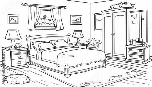 Detailed line art illustration of a cozy bedroom with furniture and decor. Coloring book