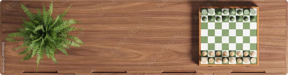 Top view of wooden sideboard with chessboard and fern Top view of wooden sideboard with chessboard and fern