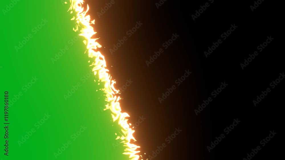 Transition of fire burning green color paper on black background