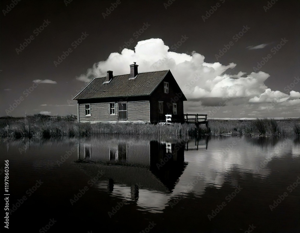 Obraz premium Old House in Moonlit Reflection: Serene Cloudy Night Over Peaceful Pond