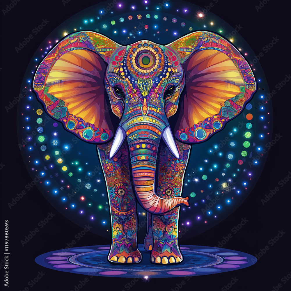 Obraz premium Mystical elephant with intricate mandala patterns and cosmic elements in vibrant psychedelic style