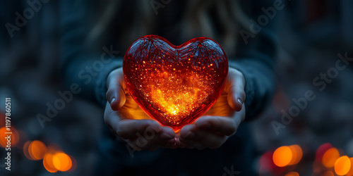 Young person’s hands holding a glowing illuminated heart symbol against a dark background