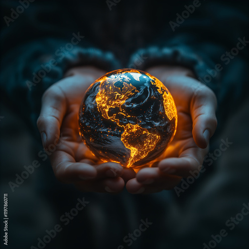 Young person’s hands holding a glowing illuminated earth globe against a dark background