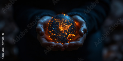 Young person’s hands holding a glowing illuminated earth globe against a dark background