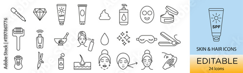 24 line icons of skin care n hair with editable stroke, pixel perfect, skin beauty, skin and hair icons, face icon, face mask, hair moose, sleeping mask, hair straightener, hair curler, hair trimmer