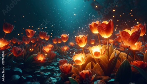 magical fantasy garden with tulips that glow at night photo