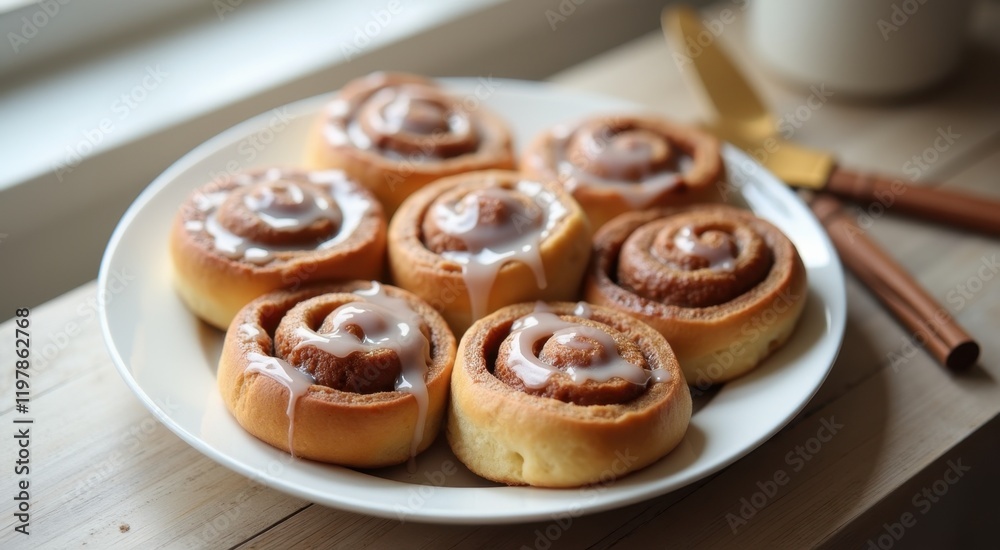 A plate of cinnamon rolls on a table with a cup of coffee A plate of cinnamon rolls on a table with a cup of coffee