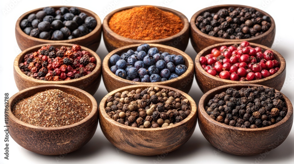 Wooden bowls filled with a vibrant selection of spices, showcasing a colorful and aromatic array of culinary ingredients. Wooden bowls filled with a vibrant selection of spices, showcasing a colorful and aromatic array of culinary ingredients.