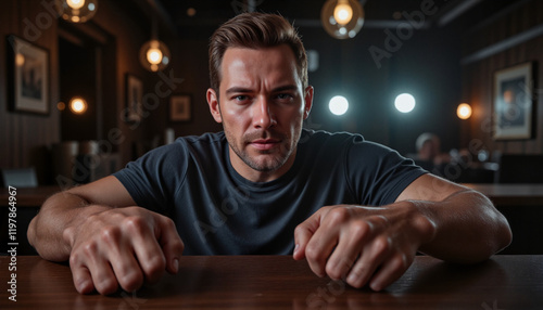 Angry man with clenched fists on bar counter at dimly lit night setting, reflecting frustration