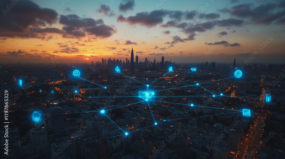 Fototapeta premium Abstract business man stands on the peak of success amid tall, innovative Smart city and graphs with statistics to analyze business potential and predict future developments in company growth.