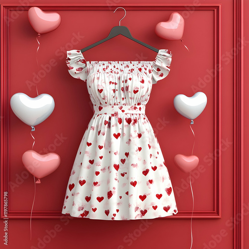 Casual offshoulder dress mockup with heart balloons background for Valentine's Day
