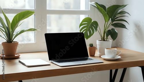 Wallpaper Mural Serene Minimalist Workspace: Laptop, Plants, and Coffee Torontodigital.ca