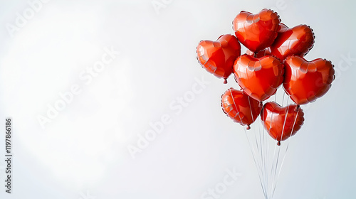 Cluster of heartshaped balloons floating on pure white background