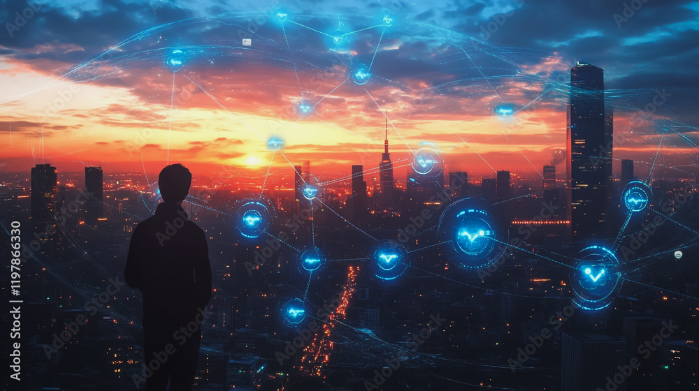 Fototapeta premium Abstract business man stands on the peak of success amid tall, innovative Smart city and graphs with statistics to analyze business potential and predict future developments in company growth.