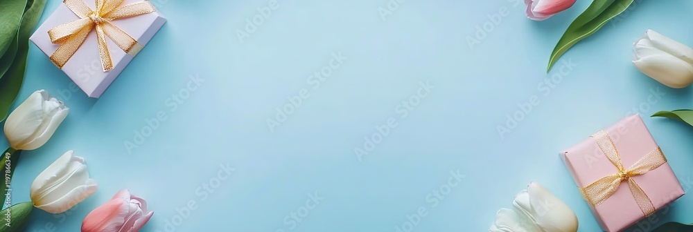 banner delicate tulips flowers border frame with small gift boxes on pastel blue background top view, beautiful floral template with copy space banner delicate tulips flowers border frame with small gift boxes on pastel blue background top view, beautiful floral template with copy space