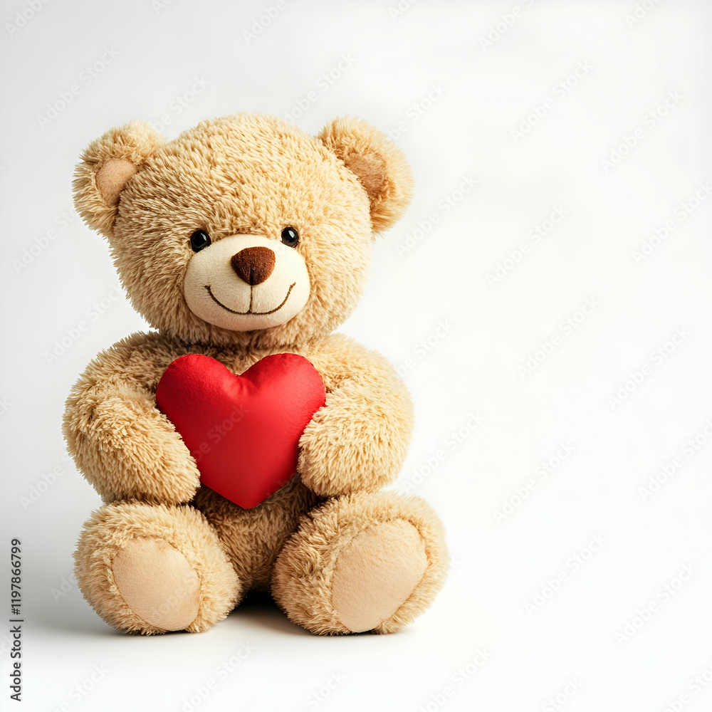 Cute teddy bear holding a red heart for Valentine's Day on a pure white backdrop with copy space. Cute teddy bear holding a red heart for Valentine's Day on a pure white backdrop with copy space.