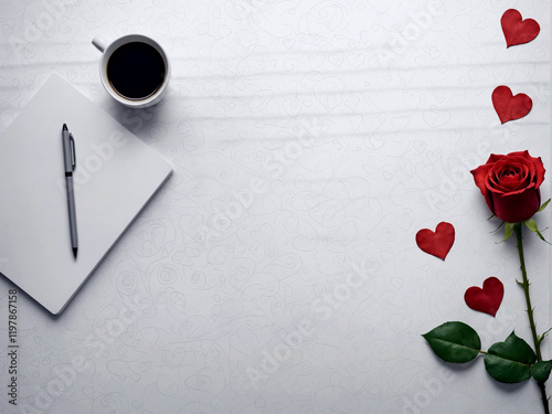 Romantic Red Roses with Satin Ribbon and Warm Fairy Lights on White Wooden Surface