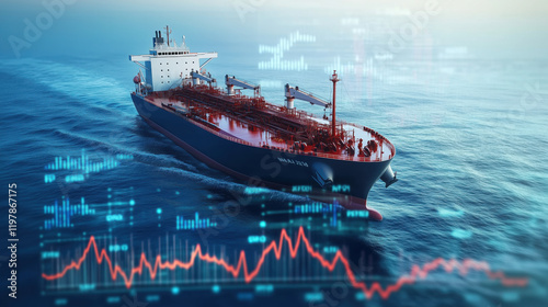 A massive oil container ship sailing across the ocean, with a blurred background of global energy market graphs depicting the volatility of oil prices