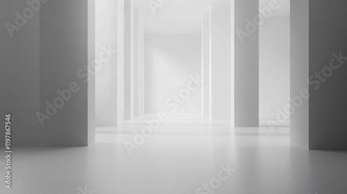 This image features a minimalist, bright white hallway with soft light casting gentle shadows, giving a serene and tranquil atmosphere perfect for modern decor. photo