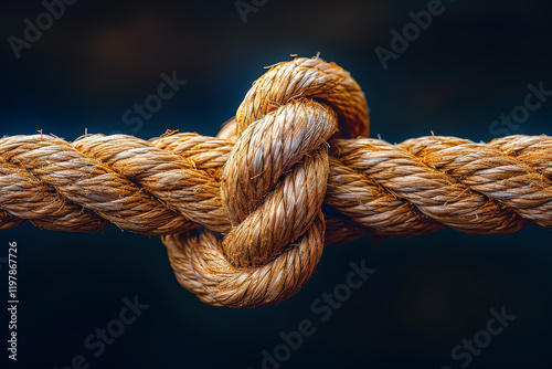 Rope is tied in a knot. The rope is brown and white