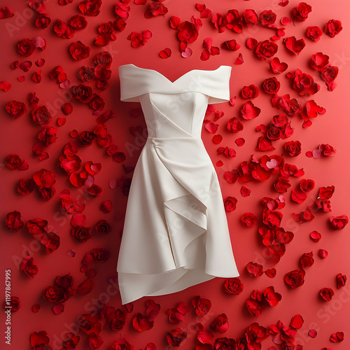 Elegant offtheshoulder dress mockup with a backdrop of Valentine's Day petals