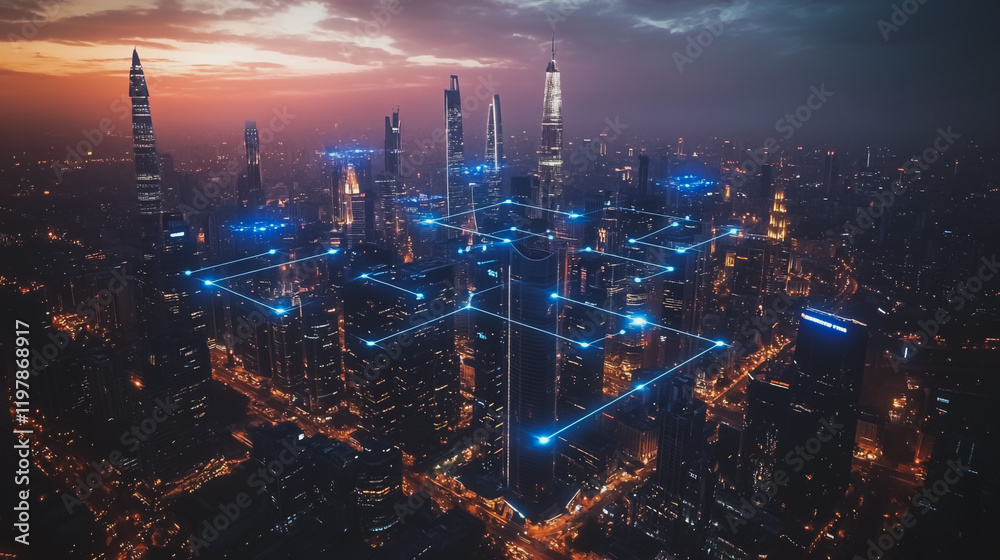 Obraz premium Abstract business man stands on the peak of success amid tall, innovative Smart city and graphs with statistics to analyze business potential and predict future developments in company growth.