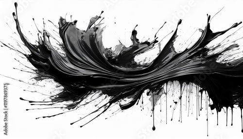 Striking Black Ink Splash Artwork Abstract Watercolor Painting Showcasing Dramatic Black Splatter and Intense Texture on a Dark Backdrop photo