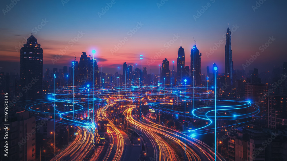 Fototapeta premium abstract, business, team, stands, peak, success, Abstract business man stands on the peak of success amid tall, innovative Smart city and graphs with statistics to analyze business potential and predi