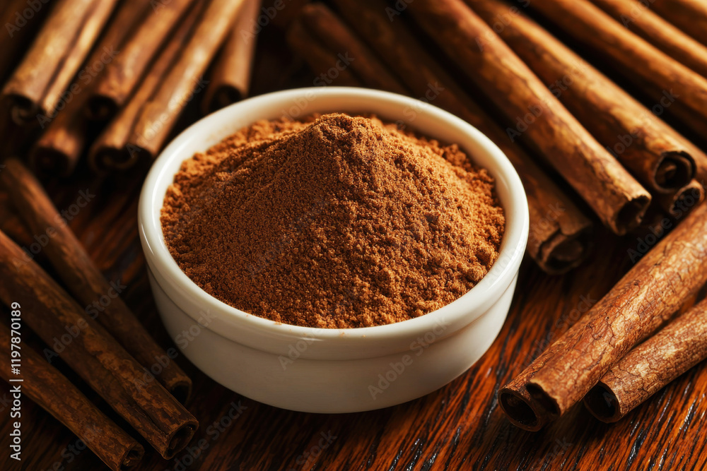 Ground Cinnamon in Bowl with Whole Sticks